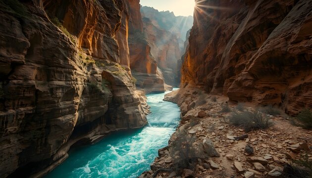 Majestic waterfall flowing through a canyon cave, surrounded by rocky mountains, lush green nature, cascading water, river stream, and dramatic natural landscape