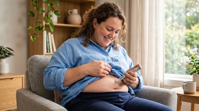 Person Applying GLP-1 Weight Loss Injection Pen to Abdomen, Healthcare, Wellness and Obesity Treatment.
