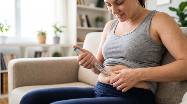 Person Applying GLP-1 Weight Loss Injection Pen to Abdomen, Healthcare, Wellness and Obesity Treatment.