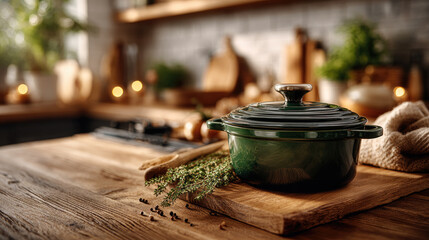 Emerald green enamel pot with gold knob on a rustic wooden kitchen counter, emphasizing homemade cooking and traditional culinary prep with fresh rosemary and spices