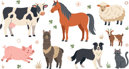 Obraz premium Cute Domestic Farm Animals Vector Element Set with Cow, Horse, Sheep, Pig, Alpaca, Dog, Goat, and Cat for Countryside Graphic Designs
