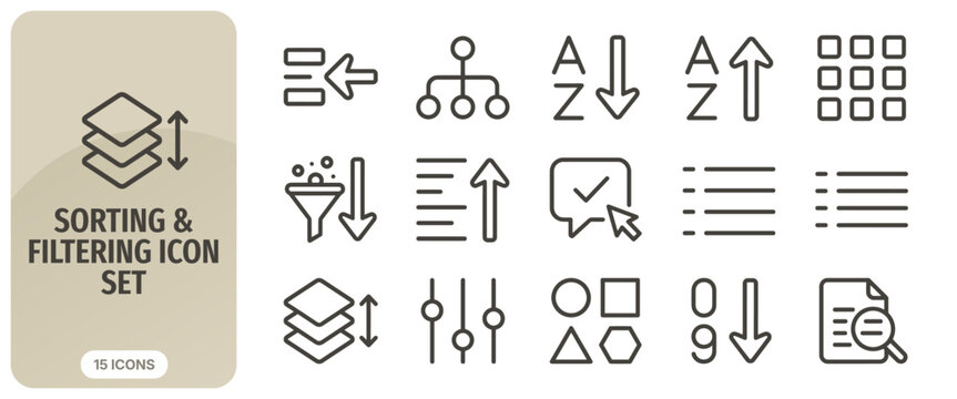Set of 15 sorting and filtering line icons, including list, grid, alphabetical order, hierarchy, and data management symbols for user interface design