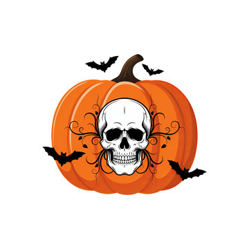 Halloween pumpkin with skull and bats illustration
