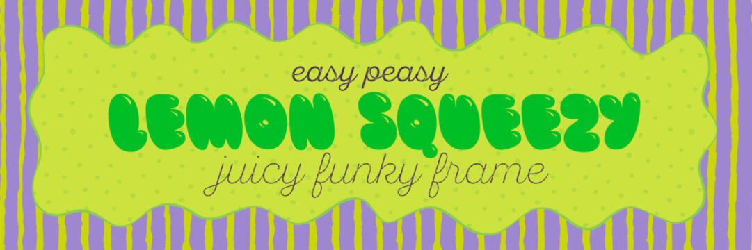 Border frame with wavy groovy shape on striped y2k seamless background in green and purple pastel colors. Groovy frame and pop border template for cards, banners and scrapbook designs