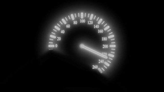 Glowing car speedometer dial with illuminated needle on a black background animation