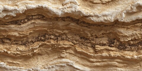 Obraz premium Abstract close-up of natural layered stone texture showcasing beautiful horizontal patterns in earthy tones of brown, beige, and creamy white, perfect for background or surface design elements
