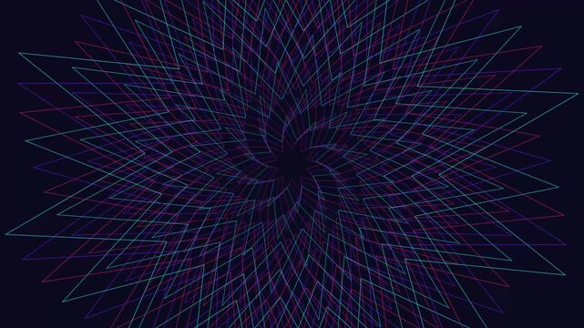 Abstract neon geometric star pattern rotating motion animation 4k background, in purple and, cyan
