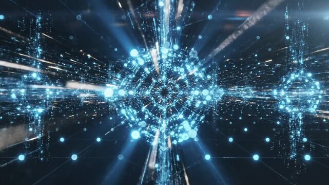 Futuristic abstract visualization of a digital network or data stream with glowing blue nodes and white light streaks in deep space