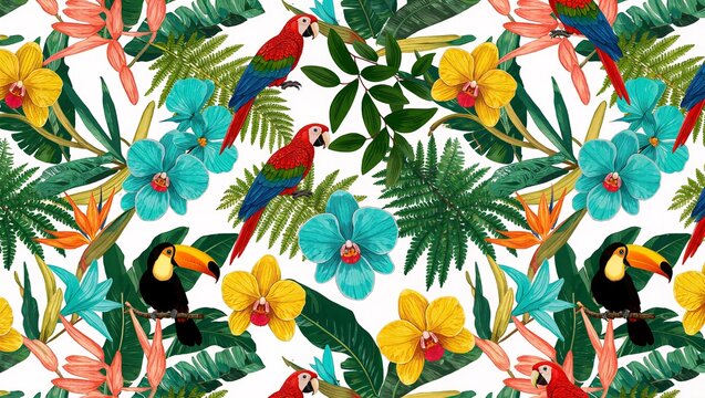 Tropical Macaws and Toucans with Orchids Background