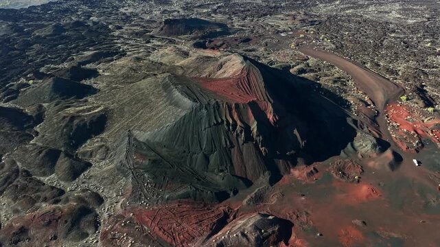 An aerial drone shot orbiting a massive volcanic cinder cone crater, showcasing contrasting black ash slopes and red volcanic soil in El Pinacate Biosphere Reserve, Sonora, Mexico.