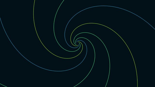 Abstract neon spiral motion background: rotating blue and green glowing lines on dark backdrop, for modern digital, and technology animation 4k