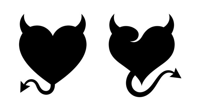 Two black heart icons with devil horns and tails representing evil love and naughty romance for valentine day design elements and creative projects