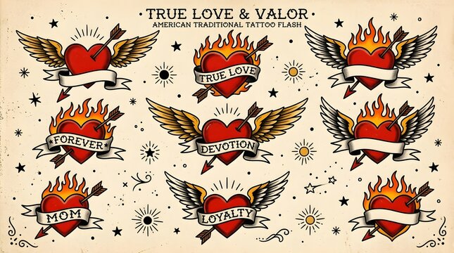 Set of american traditional tattoo flash designs featuring red hearts with wings fire arrows and banners with romantic words for love and loyalty