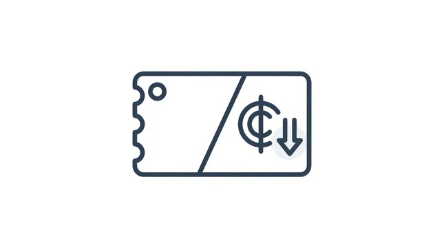 Outline icon depicting a discount ticket or coupon with a downward arrow signifying price reduction