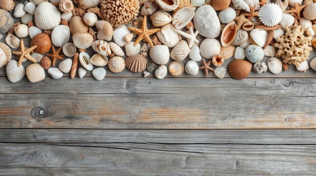 Diverse collection of seashells and natural coral arranged on a rustic weathered gray wooden background for a summer coastal themed decorative flat lay