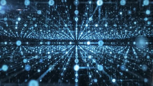 Deep space view of a luminous digital network with bright blue light emanating from the center and countless interconnected nodes