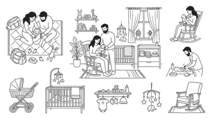 Obraz premium Newborn Baby Care Family Line Art Set Parents Holding Infant, Home Nursery and Early Parenting Moments
