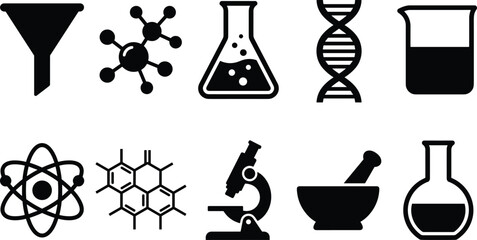 Naklejka premium Science laboratory and medical research stencil equipment black silhouette icons set featuring flask molecule structure beaker DNA helix funnel microscope atom mortar pestle 