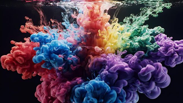Colorful Ink Exploding in Water | Abstract Rainbow Liquid Cloud. Vibrant multi-colored ink swirling and exploding in crystal-clear water against a dark background. Beautiful slow-motion abstract fluid