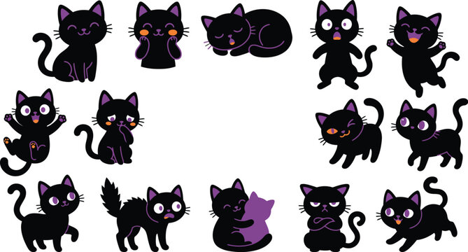 Cute cartoon black cat character set in multiple poses and expressions