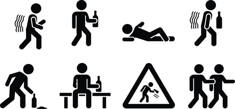 Drunk person stick figure pictogram icon set representing alcoholism bad habits drinking alcohol addiction hangover and drunk warning signs