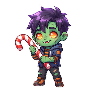 Cartoon character holding candy cane with festive holiday expression