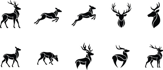 Majestic wild deer and stag black silhouette vector icons collection featuring forest bucks with antlers running leaping grazing and elegant dynamic line art details  © MstMonjila
