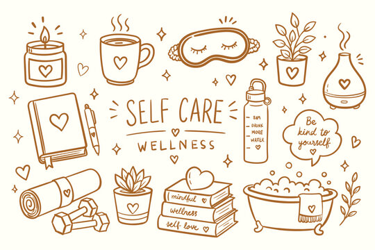 Set of hand drawn self care and wellness doodles featuring a Workout books coffee bath tub sleep mask flowers and gym weights in a cute pink and black line art sketch