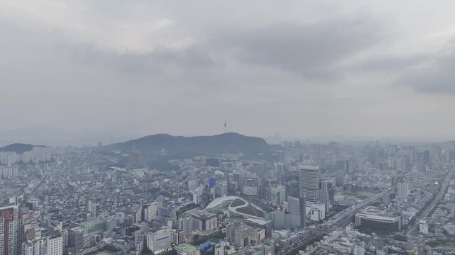Aerial Drone View of Jongno Cityscape near Dongmyo Station and DDP Dongdaemun Design Plaza in Seoul, South Korea