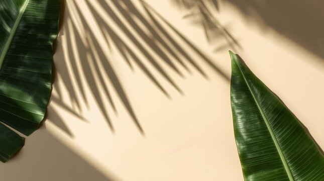 Minimal tropical flat lay featuring vibrant green banana leaves and dramatic palm leaf shadows cast across a smooth neutral beige background for summer design