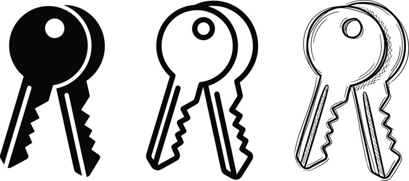 Pair of keys vector illustration collection, showcasing solid, outline, and doodle styles for security and access concepts.