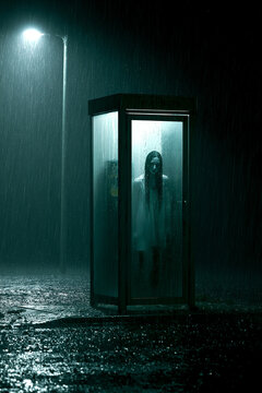 Pale Figure Standing in a Rainy Phone Booth at Night