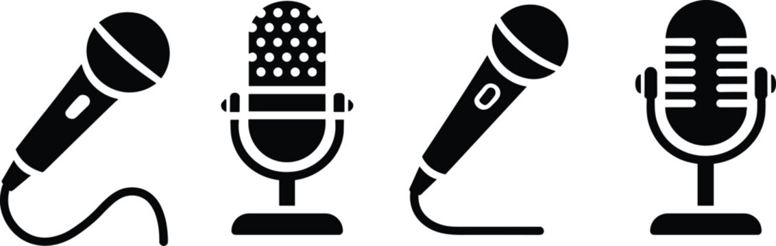 Minimalist audio equipment microphone vector icon collection representing streaming media live interview podcast show journalism entertainment and vocal singing concepts