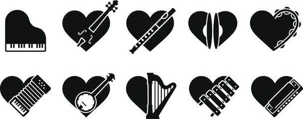 Anatomical and romantic love hearts combined with classical musical instruments black silhouette icons set featuring piano violin flute cymbals harp accordion banjo xylophone harmonica  © MstMonjila