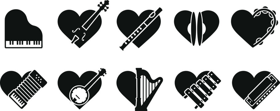 Anatomical and romantic love hearts combined with classical musical instruments black silhouette icons set featuring piano violin flute cymbals harp accordion banjo xylophone harmonica
