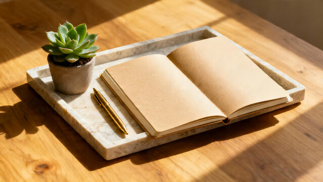 Open recycled paper notebook with brass pen and succulent