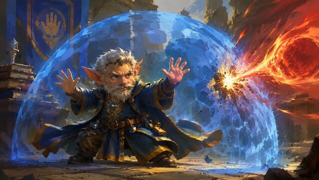 Gnome wizard casting a powerful blue magic shield against a fiery explosion.