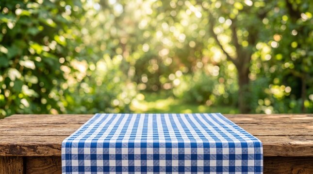 Rustic wooden table with blue and white checkered tablecloth in a sunny garden