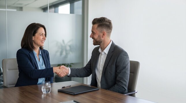 Smiling middle aged business woman shaking hands with male corporate professional at conference table in bright office for executive partnership contract signing and hr career success