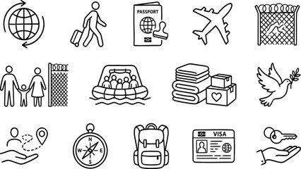 Migration themed line icons depicting global movement travel documents and humanitarian aid on a white background refugee displacement relocation journey nomad © DESIGN SHOP