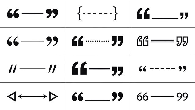 Collection of quotation mark symbols and dashes in black silhouette style on a white background marks speech quote symbol inverted commas