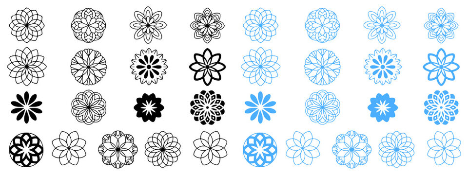 Collection of black and light blue geometric floral mandala and simple flower shapes on white background
