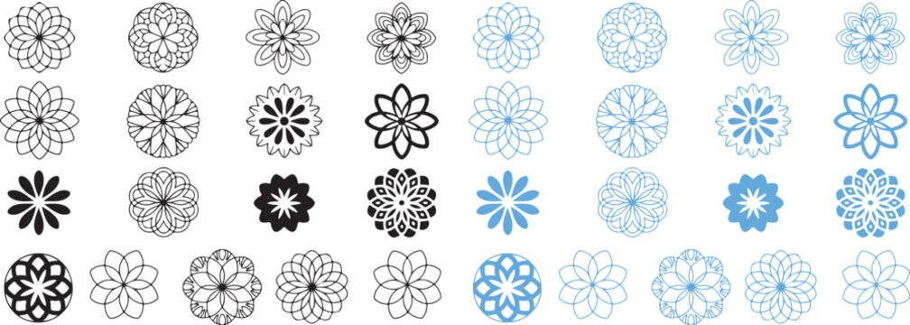 Collection of black and light blue geometric floral mandala and simple flower shapes on white background