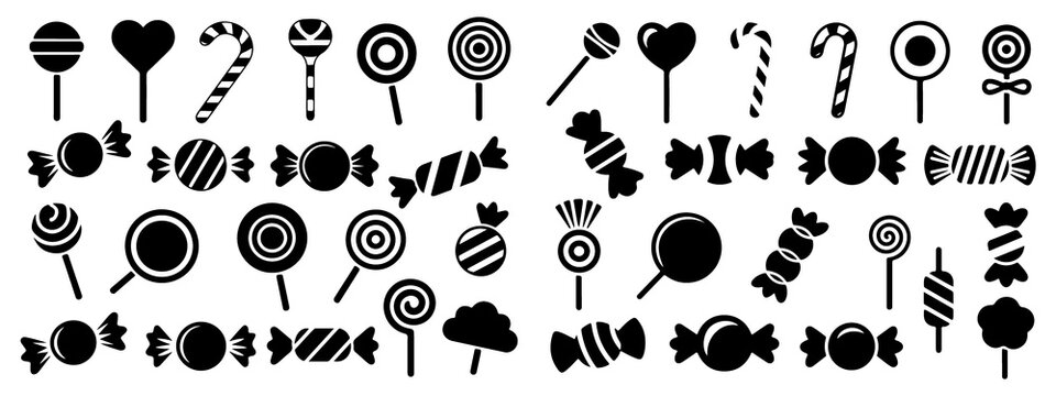 Collection of black and white candy cane and lollipop on a white background