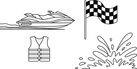 Watercraft racing set vector illustration with jet ski, checkered flag, high speed water sport competition, marine racing scene, editable, vector, designs. © Crown Stock Hub