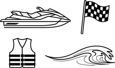 Watercraft racing set vector illustration featuring sleek jet ski, checkered flag, speed water sport, competition, marine racing, editable, vector, designs. © Crown Stock Hub