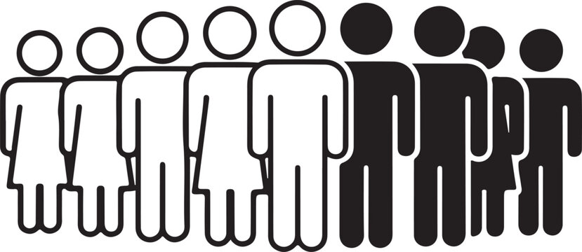 People Queue and Demographic Group Icons Featuring Outline and Solid Glyph Avatars of Men and Women Audience Standby Line Society Unity Diversity and Community Statistics, Population Density, Public  