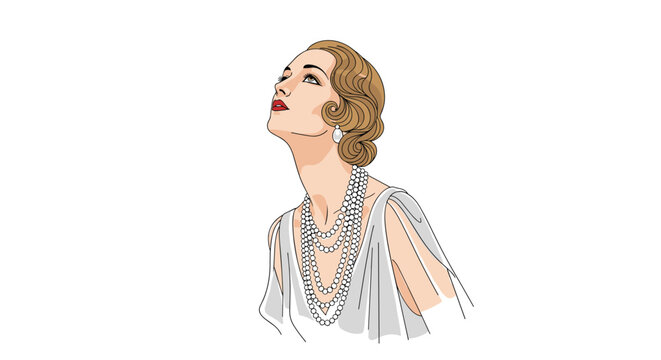 Exquisite illustration depicting an elegant woman in classic 1920s flapper style, adorned with multiple strands of pearls and gazing upwards.