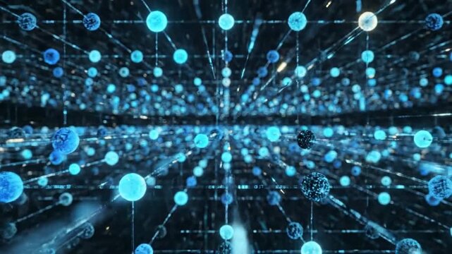 Infinite digital tunnel of blue and white glowing spheres connected by thin lines creating a sense of depth and repeating patterns in a dark environment