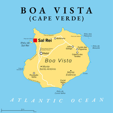 Boa Vista, an island in Cape Verde (Cabo Verde), political map. Desert-like island in the Atlantic, nicknamed Ilha das Dunas, with capital Sal Rei. Known for its white sand beaches and turtles. Vector